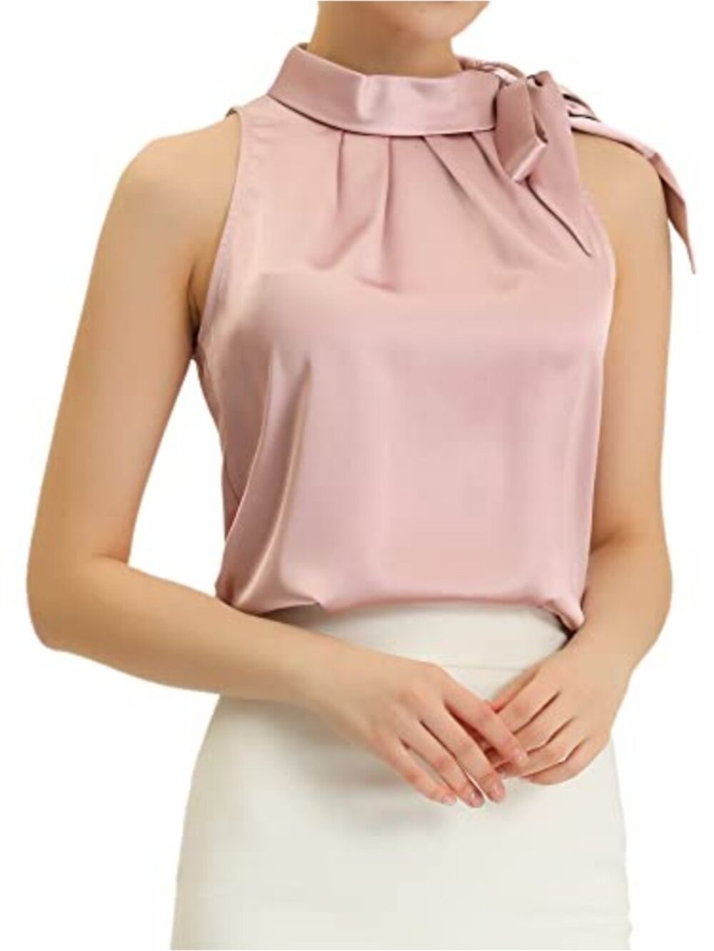 Satin Tank Top Bow Tie Mock Neck Sleeveless Work Blouse